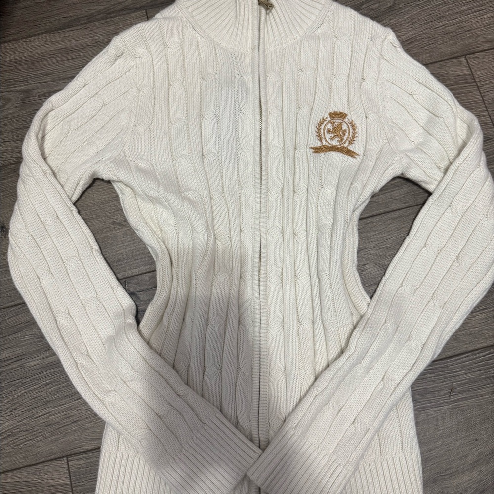 White Cable Knit Zip-Up Sweater